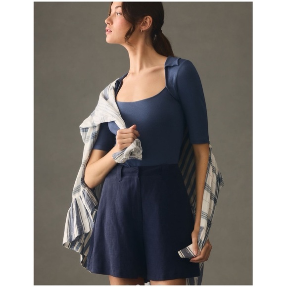 New by Anthropologie Collared Square Neck Tee Top Blouse Size Small navy blue - Picture 3 of 6